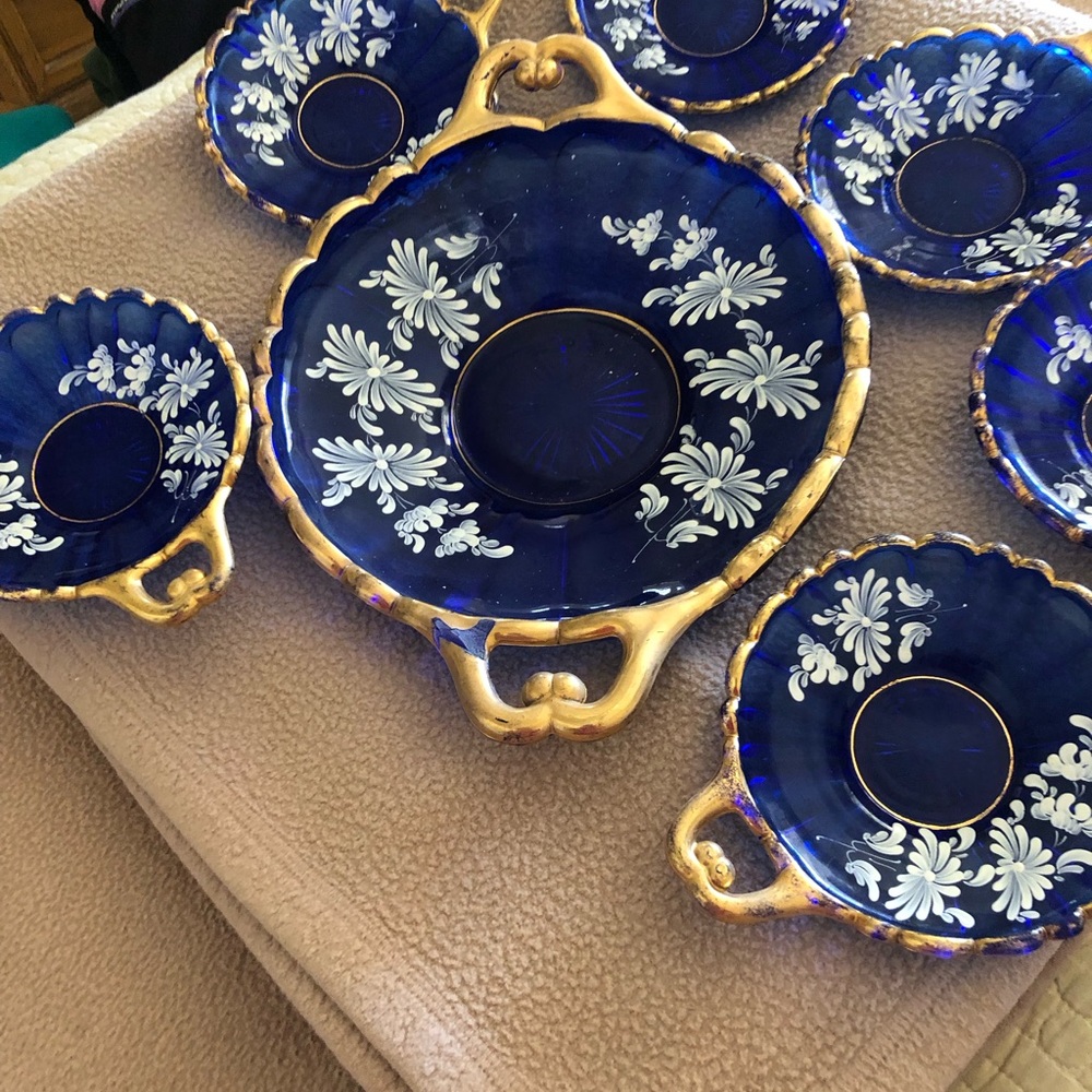 Cobalt Blue Floral Italian Vintage Serving Bowl Set with Gold Accents